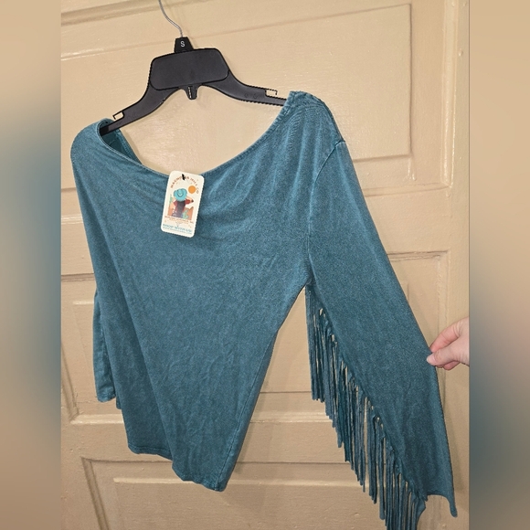 Flirty Fringe One Shoulder Fringe Long Sleeve Teal Top NWT - Picture 4 of 8